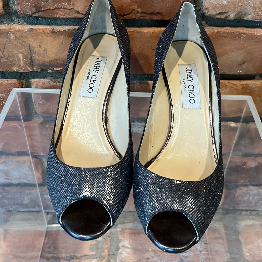 Jimmy Choo Leather Pumps, Silver, Peep-Toes With Glitter Accents